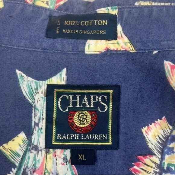 Chaps Ralph Lauren Short Sleeve Shirt All Over Fish Print Blue XL Vintage - Picture 6 of 7